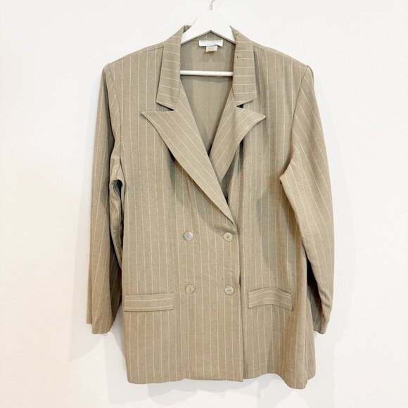 Vintage Pinstripe Double Breasted Oversized Blazer in Tan Menswear Size 16 - Picture 1 of 9